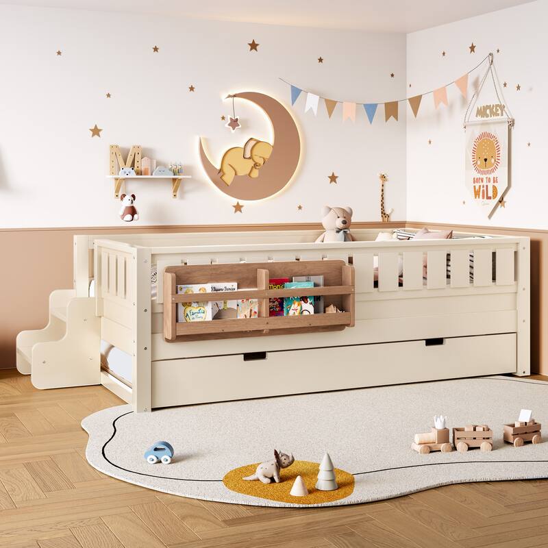 Full/Twin Size Wood Bed with Built-in Bookshelves and Storage Staircase, Safety Rails and Trundle Bed