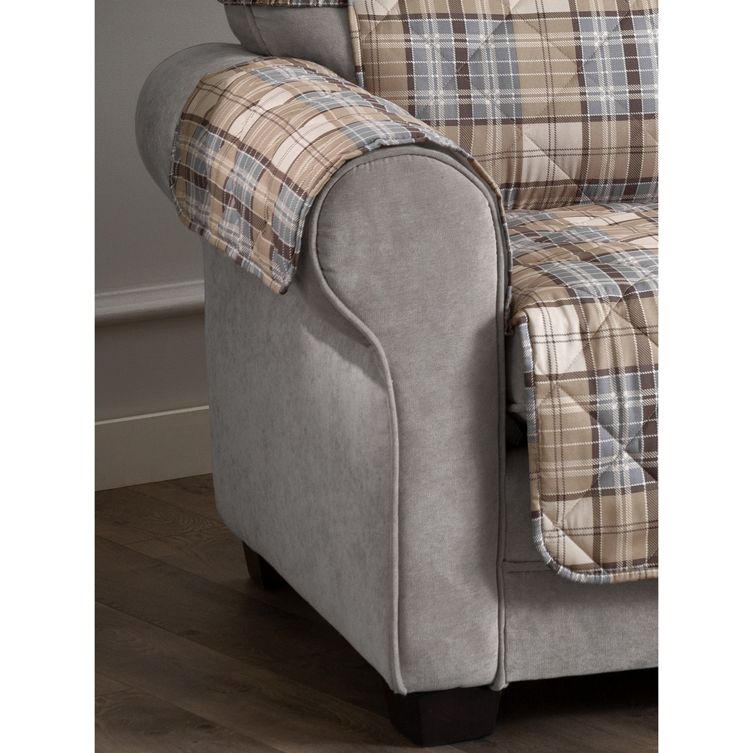 Burnett Plaid Secure Fit Sofa Protector with Straps and Tuck Noodles