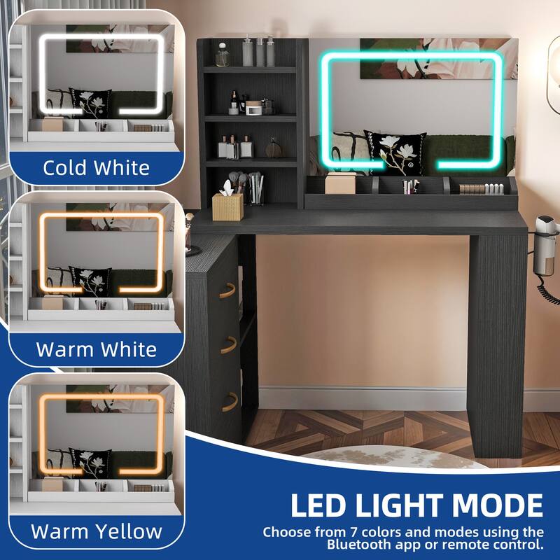 Moasis L-Shape Makeup Vanity Desk with Mirror and Lights & Charging Station