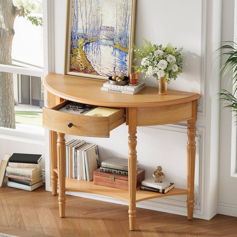 Roomfitters Farmhouse Half Moon Console Table with Shelf, Rustic Accent Sofa Table for Entryway, Living Room, Hallway