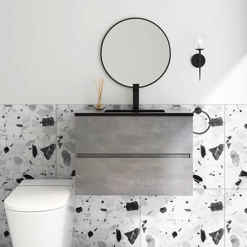 24 in./30 in./36 in. Wall-Mounted 2-drawer Bathroom Vanity Set in Cement Grey with Integrated Solid Surface Sink