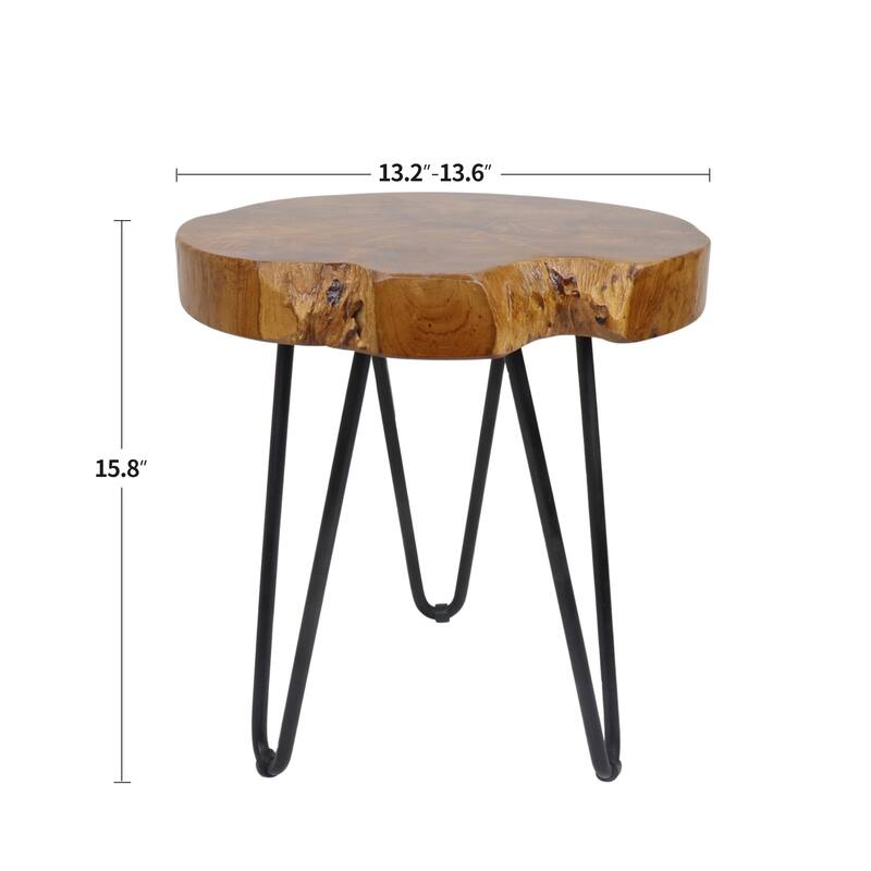 Round Natural Unique Shape Teak Wood End Table with Iron Legs