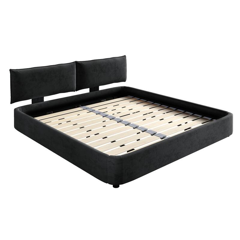 Low Profile King Size Cloud Bed Frame with Movable Headboard, Chenille Platform Bed with Metal/Solid Wood Slat Double Support