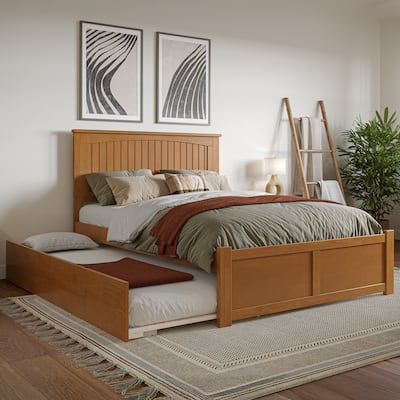 Solid Wood Platform Bed with Trundle - Full Size, Light Toffee Finish, Modern Bedroom Furniture