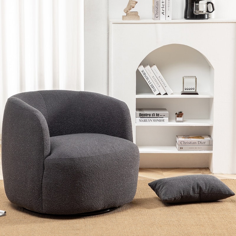 KINWELL 34" Poly Blend Boucle Fabric Upholstered Swivel Armchair