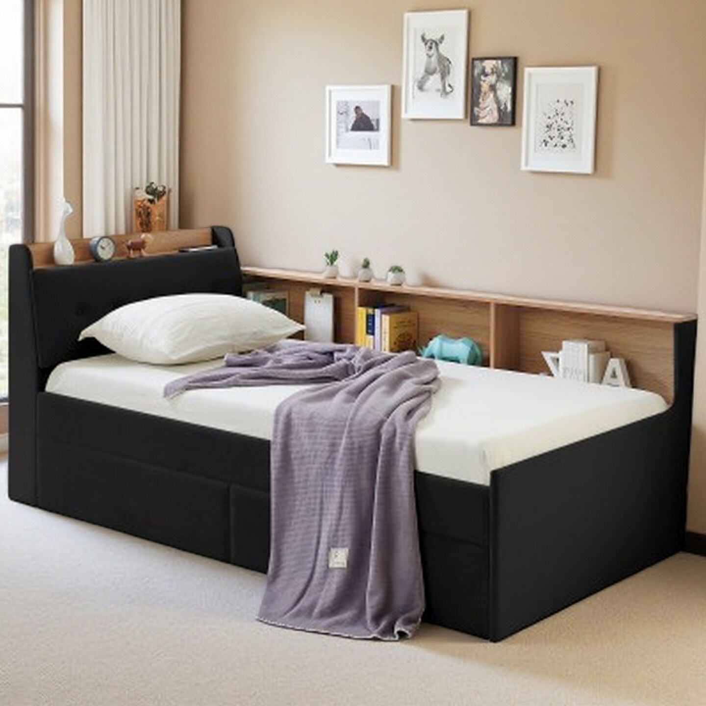 Twin Velvet Daybed with Storage Headboard, Wireless Charging, LED Ambient Lights, and Dual Drawers