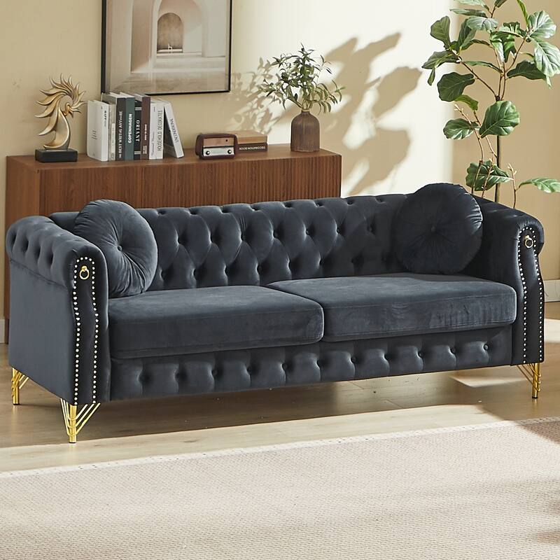 Chesterfield Sofa with Two Round Pillows, Featuring Copper Stud Detailing and Tufted Button Accents - Black