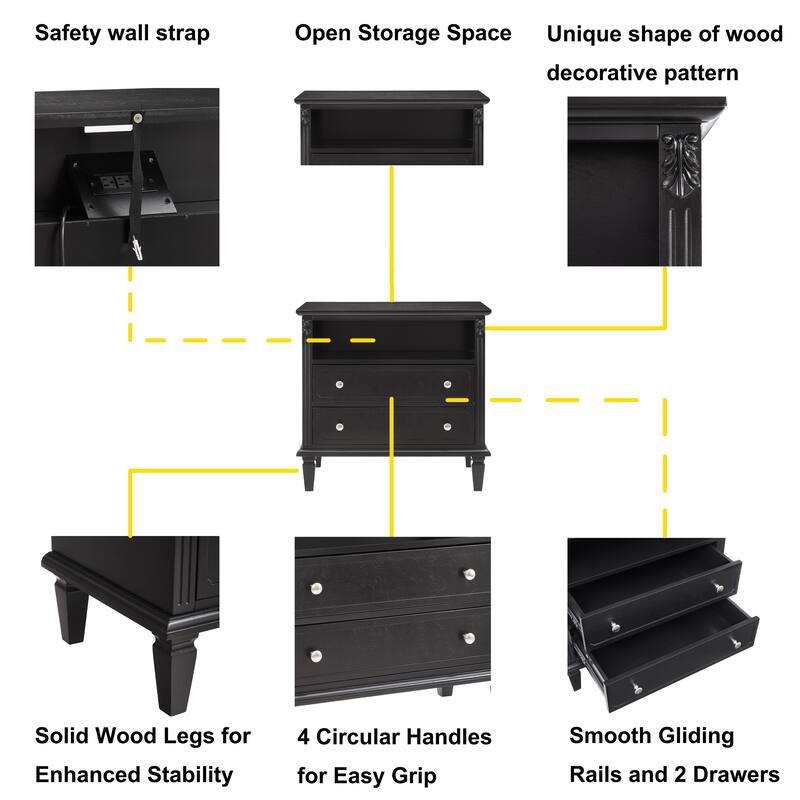 Open Space And 2 Drawers Dresser Nightstand With Charging Station, Farmhouse End Table With Usb Ports And Outlets
