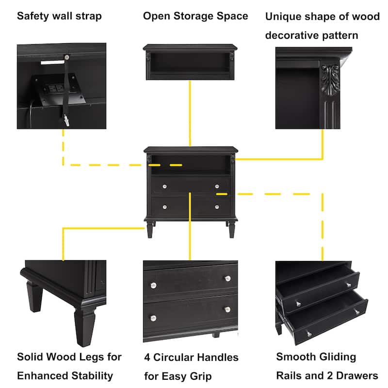 Open Space and 2 Drawers Dresser Nightstand with Charging Station, Farmhouse End Table with USB Ports and Outlets for Bedroom
