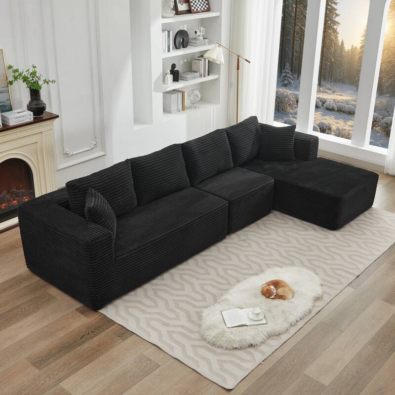 106" L-Shape Sectional Couch with Right Chaise, Deep Seat Modern Sofa, Black Corduroy, No Assembly