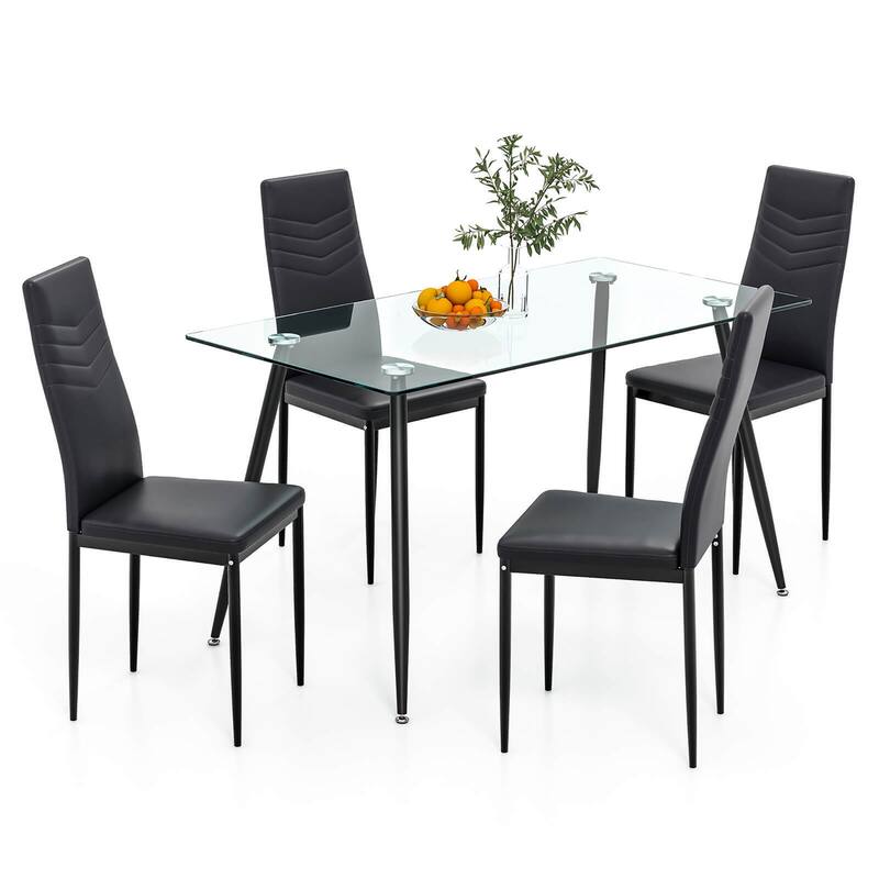 Gymax 5 PCS 51'' Rectangle Dining Set 0.3'' Thick Glass Table w/ 4 - Black