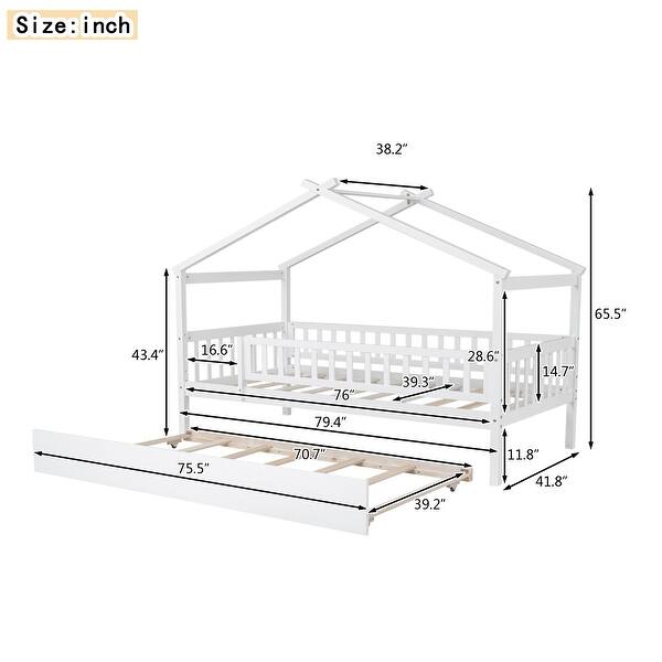 dimension image slide 3 of 8, Pine Wood House Platform Bed with Trundle and Headboards, Creativity House Shape, Sturdy Construction