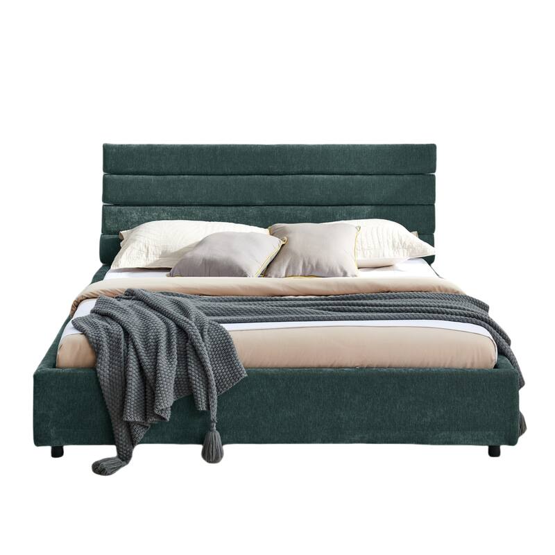 Queen Size Modern Upholstered Bed Frame with Headboard and Drawers - Blue+Green