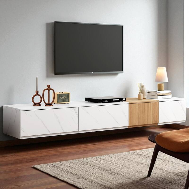 78.7 Inch Modern TV Stand with Faux Marble & Walnut Finish, Entertainment Center with 4 Storage Drawers for TVs Up to 88 Inch