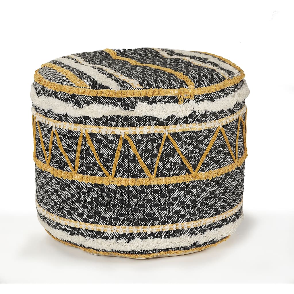 18" Black and Yellow Geometric Tufted Round Pouf Ottoman