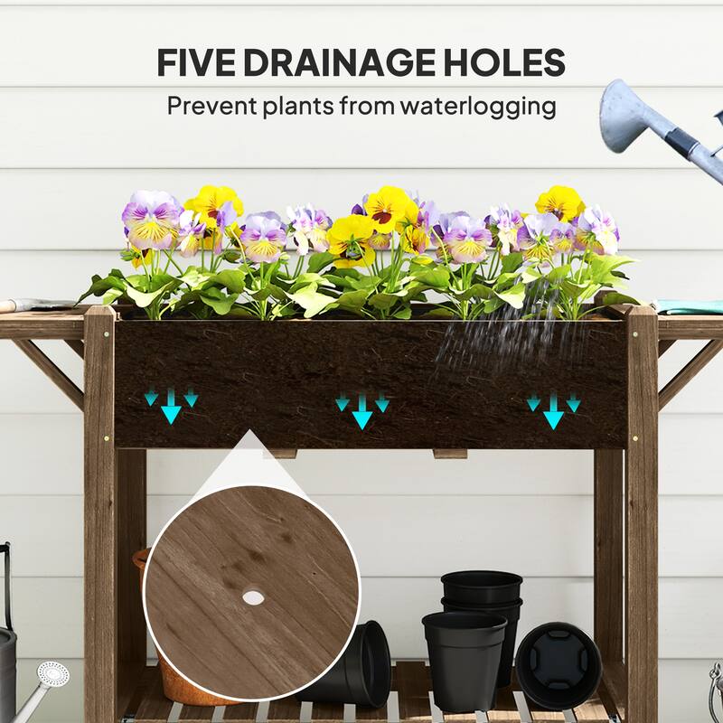 Raised Garden Bed with Storage Shelf and Foldable Ledges Fir Wood Planter for Indoor Outdoor Gardening