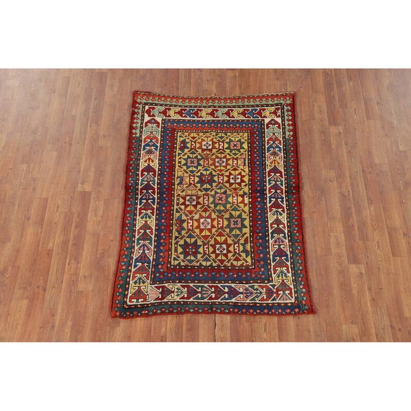 Pre-1900 Antique Kazak Vegetable Dye Rug Hand-Knotted Wool Carpet - 3'7" x 5'2"