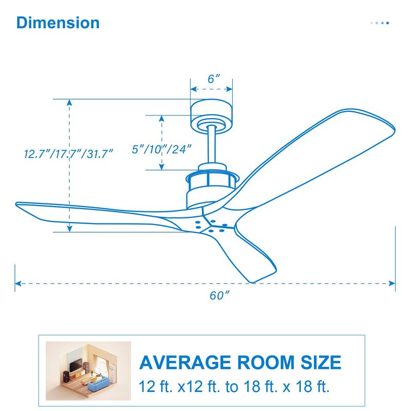 60 Inch Solid Wood Ceiling Fan with Light and Remote, Reverse Functions, Integrated Light Optional