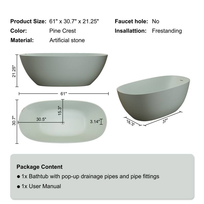 Luxury Solid Surface Freestanding Soaking Bathtub with Center Drain and Pop-up Drain, Modern Beige Tub with Overflow