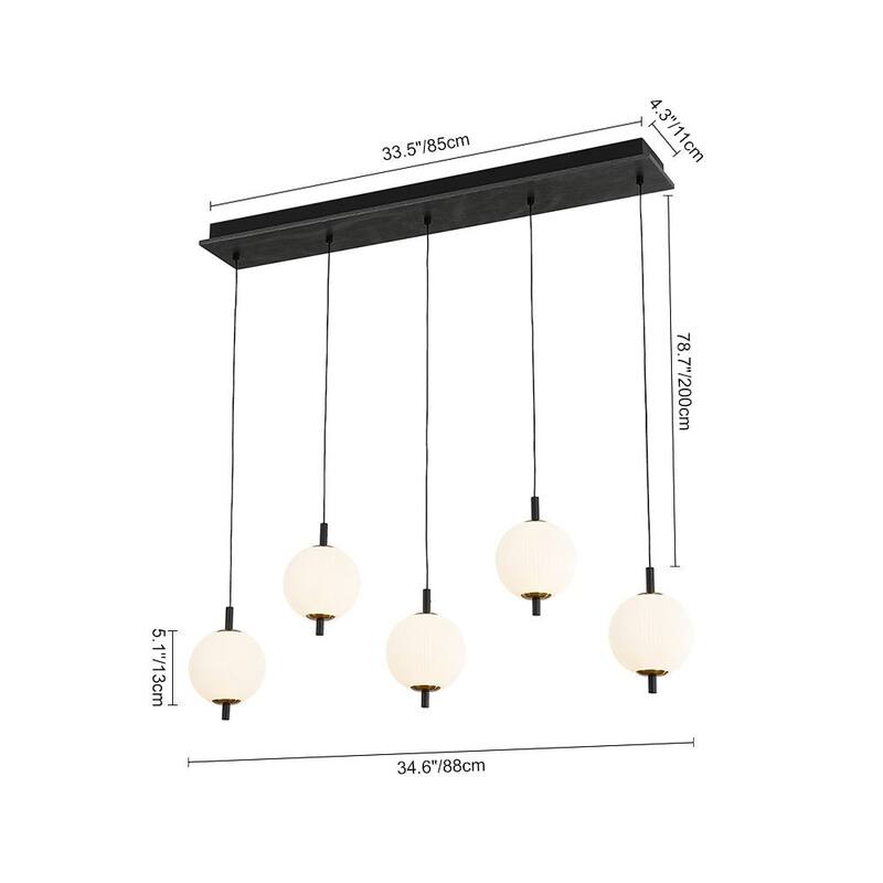 Modern 5-Light Kitchen Island Pendant with Ribbed Acrylic Globe Shade - Matte Black