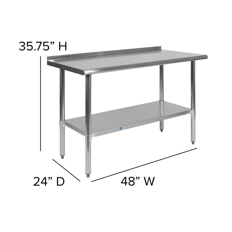 Stainless Steel 18 Gauge Work Table with Backsplash and Shelf, NSF