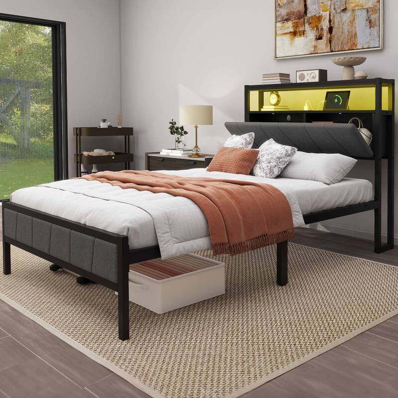 Storage Upholstered Platform Bed with LED Lighting Included and Built In USB Port - Beige - Twin