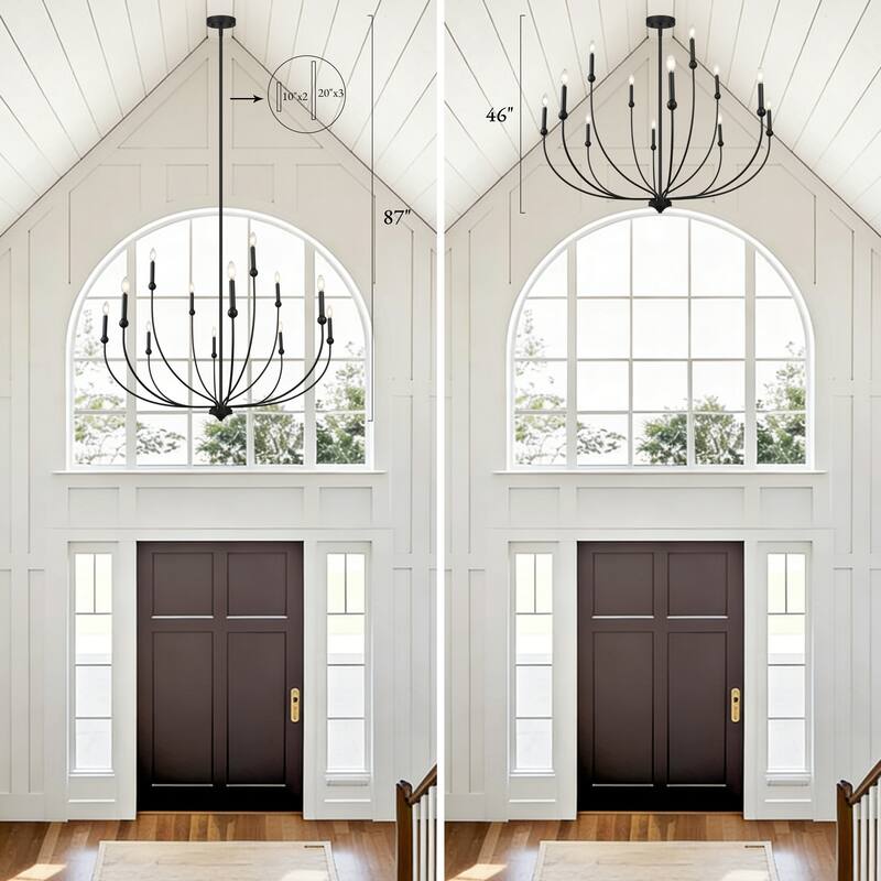 Oriea Modern Transitional 2-Tier 12-Light Black Wheel Chandelier for Large Living Dining Room Entryway - Dia. 48.8" x H 31.5"