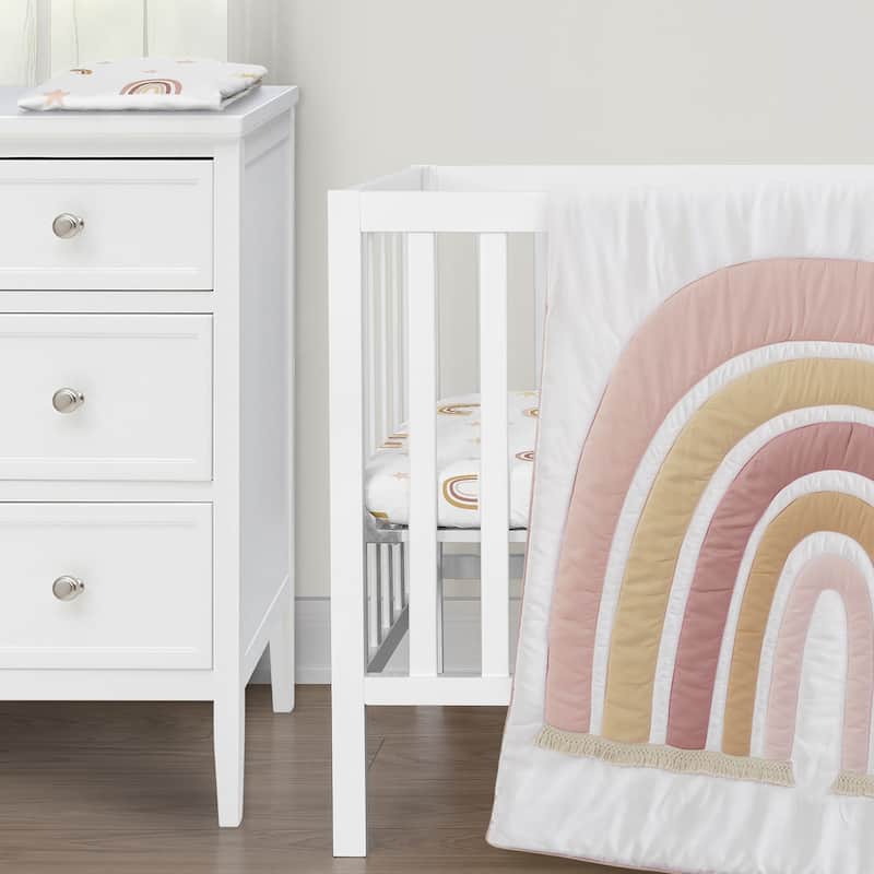 Sweet Jojo Designs Boho Rainbow Girl 3pc Mini Crib Bedding Set Blush Dusty Rose Bohemian Modern Neutral Vintage Gold Mauve Beige