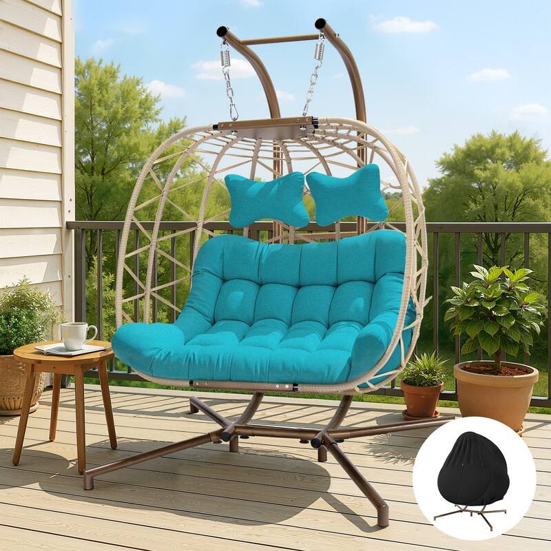 Oversized Outdoor Double Egg Hanging Chair with Cushions, 700 lbs Capacity Swing Chair for Indoor or Patio