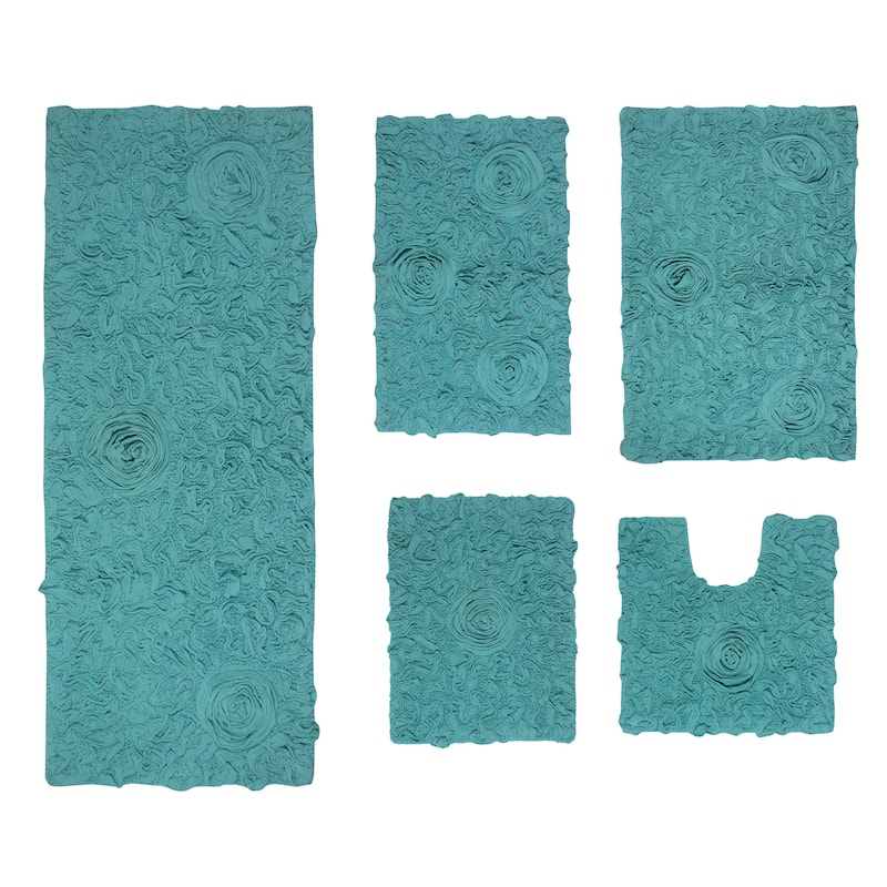 Bell Flower Collection 100% Cotton Non-Slip Bathroom Rug Set, Machine Washable Bath Rug, 5 Piece Bath Mat Set with Runner - Turquoise