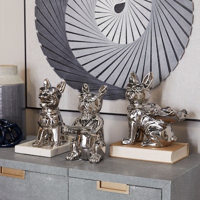 CosmoLiving by Cosmopolitan Porcelain Ceramic Bulldog Sculpture with Sunglasses (Set of 3) - Silver or Gold