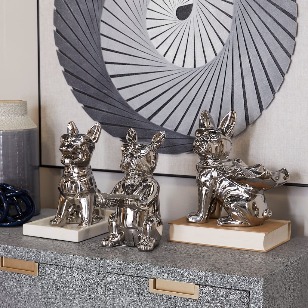 CosmoLiving by Cosmopolitan Porcelain Ceramic Bulldog Sculpture with Sunglasses (Set of 3) - Silver or Gold