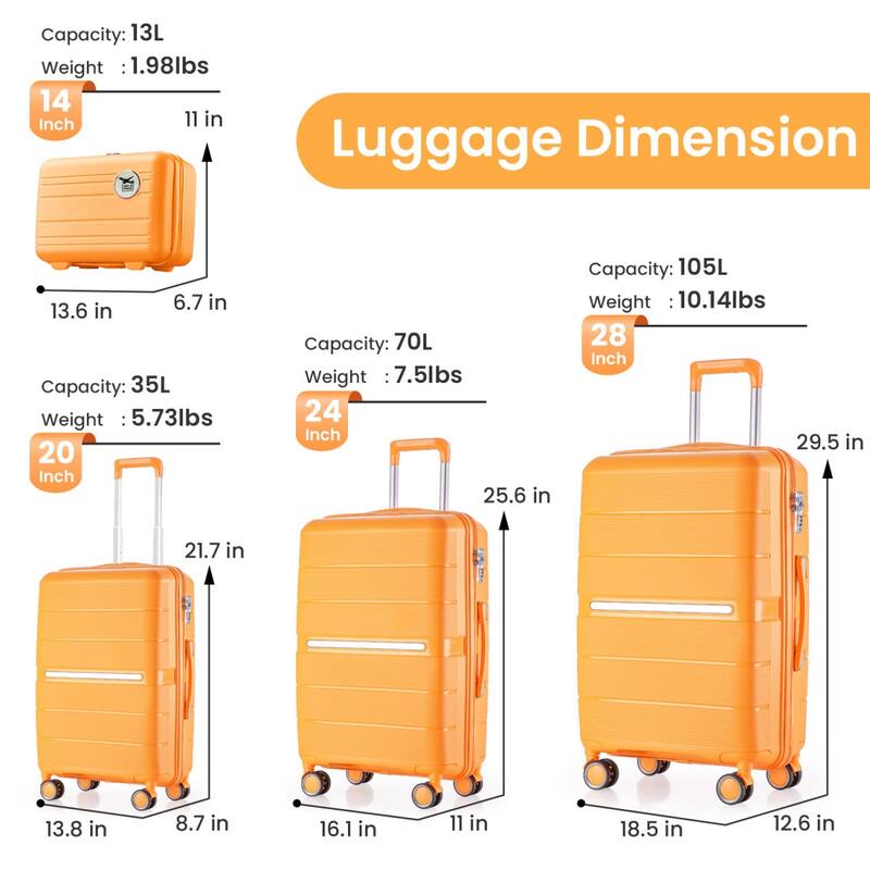 4 Piece Luggage Sets(14/20/24/28), PP Lightweight Expandable Suitcase Set with Spinner Wheels and TSA Lock