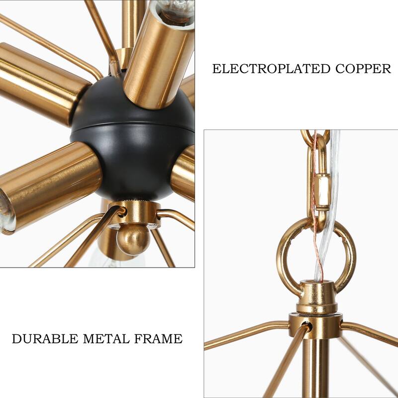 Leno 6-Light Black Gold Sputnik Sphere Chandelier Modern Cage Satellite Metal Pendant Lighting for Dining Room