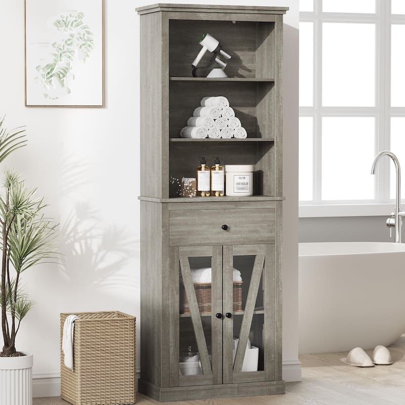 Tall Bathroom Storage Cabinet,Bookcase with Adjustable Shelves, Farmhouse Cabinet - Grey