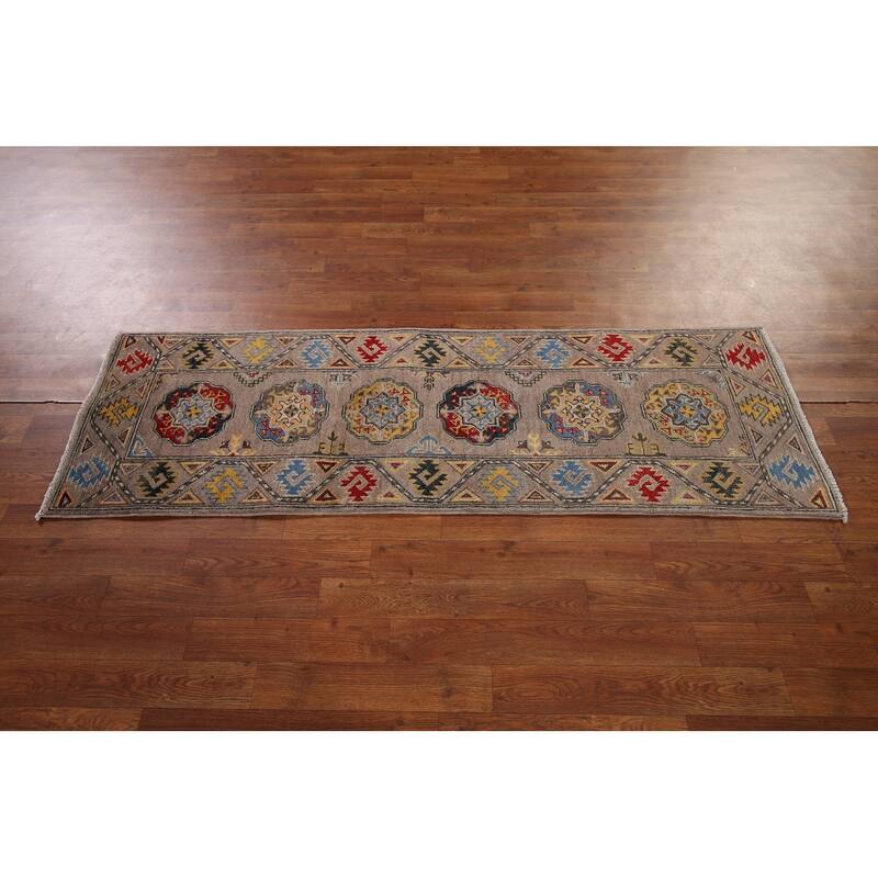 Geometric Brown Kazak Oriental Runner Rug Hand-Knotted Wool Carpet - 1'11" x 5'11"