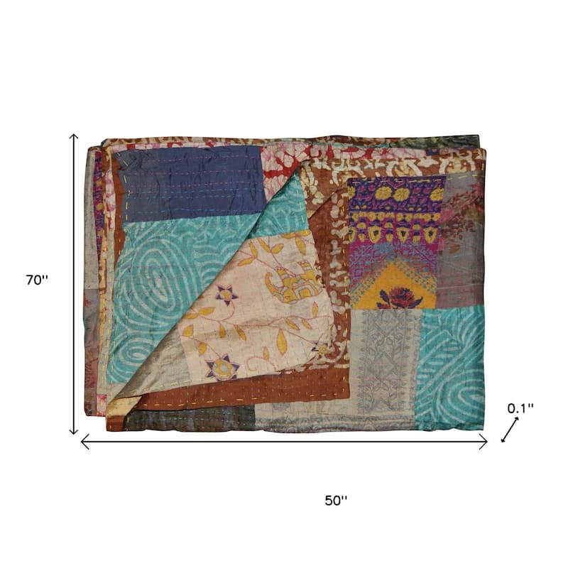 HomeRoots 50" X 70" Tan And Beige Patchwork Silk Quilted Kantha Throw Blanket with Embroidery