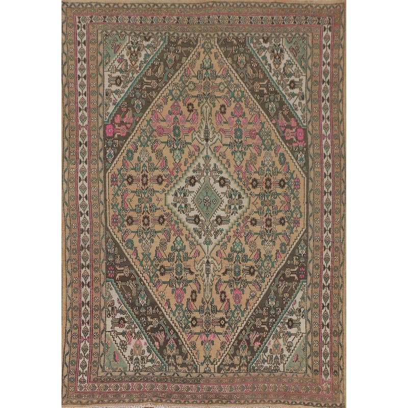 Hamedan Persian Vintage Rug Geometric Hand-Knotted Wool Carpet - 7'0"x 10'0"