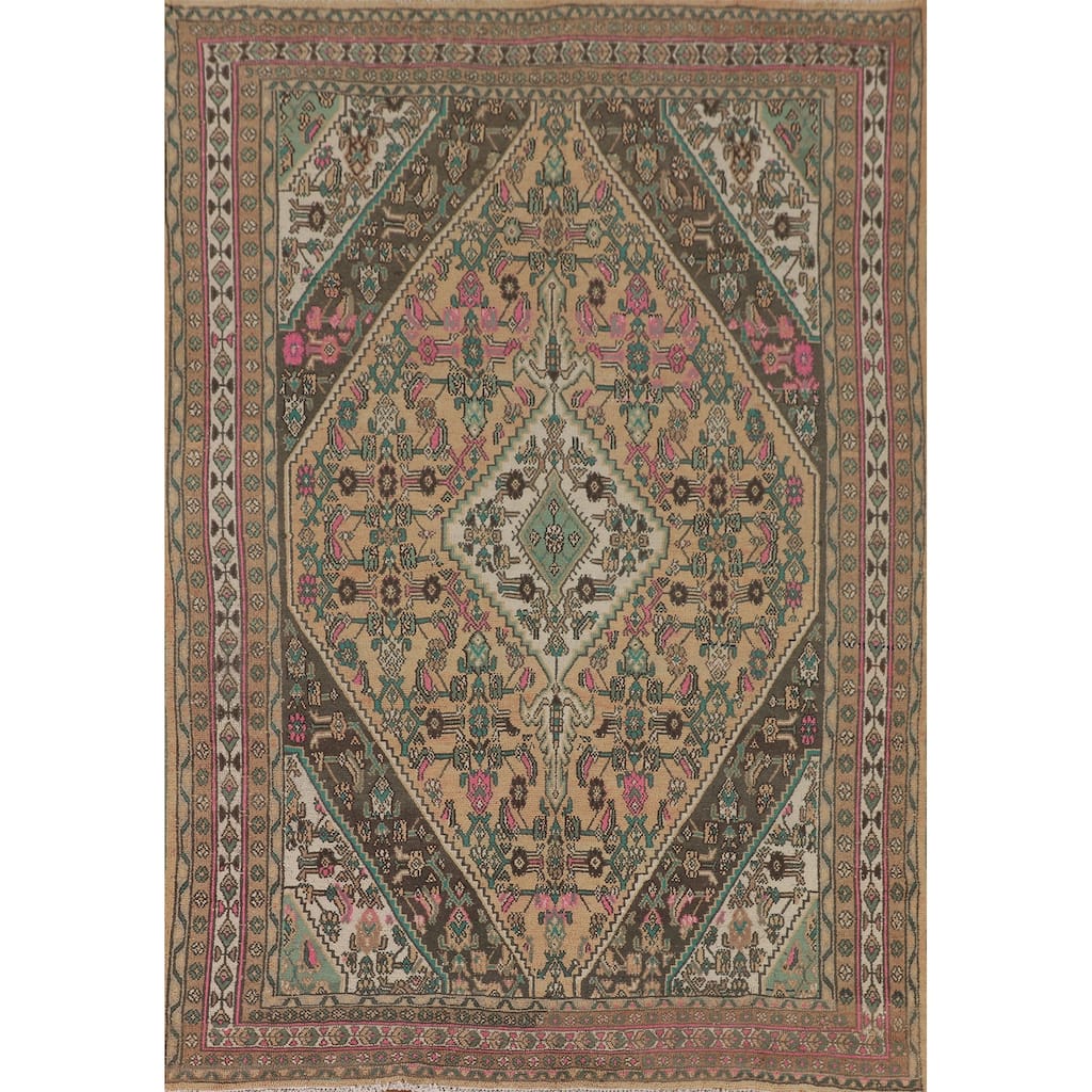 Hamedan Persian Vintage Rug Geometric Hand-Knotted Wool Carpet - 7'0"x 10'0"