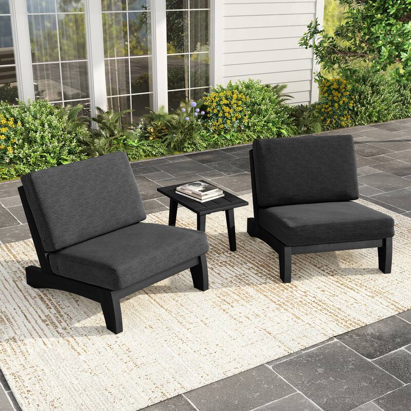 3 Piece Teak Wood Outdoor Conversation Chair Set with Table, Cushion - Dark Wood - Dark Grey