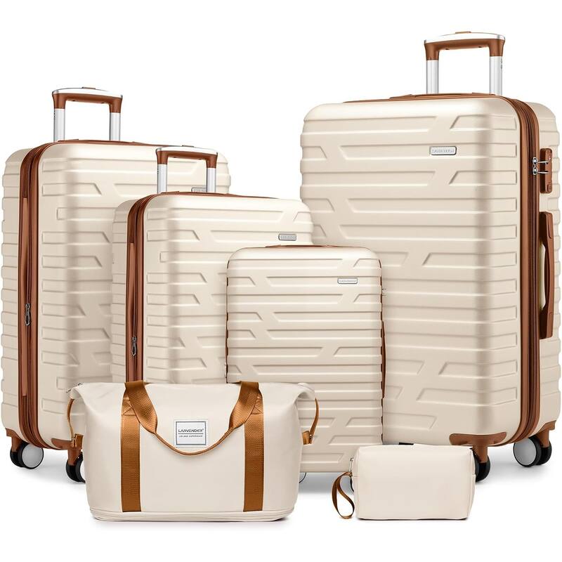 Luggage Sets 6 Piece with Duffel Bags, Hardside Expandable Suitcases with Spinner Wheels TSA Lock, Cream - Cream+Brown