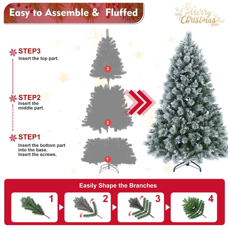 Flocked Artificial Christmas Tree - Pine Needles, Eucalyptus Leaves, Hinged Branches, Metal Stand - White+Green