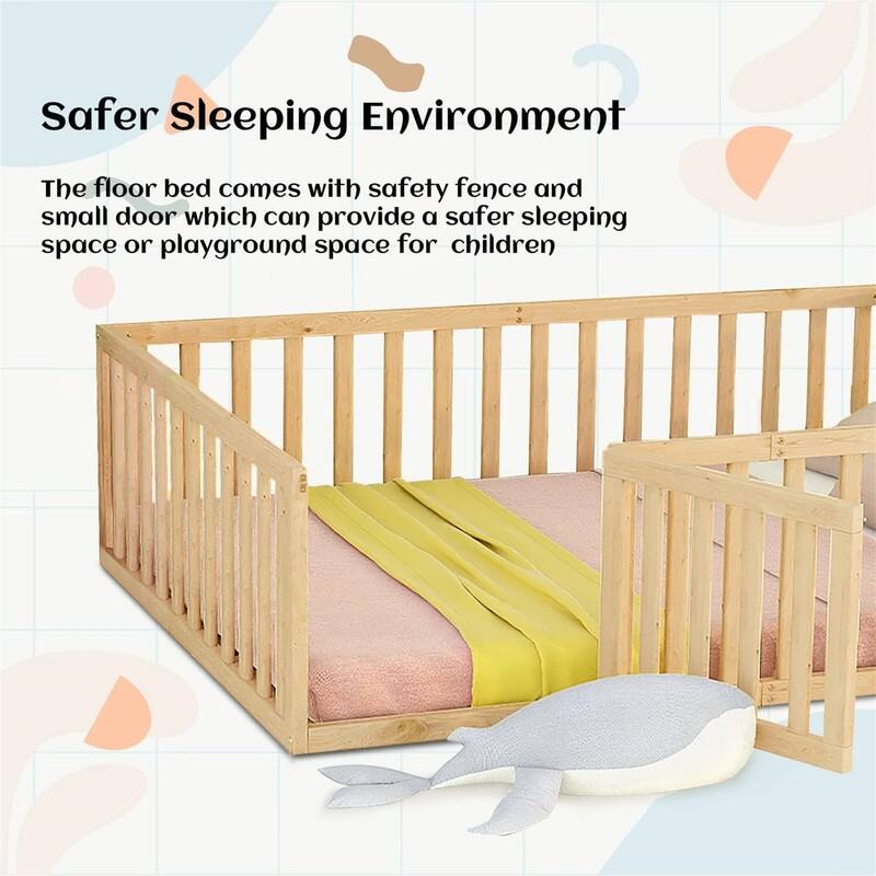Full Size Floor Bed for Children, Sturdy Wood Montessori Bed Frame with Fence & Door