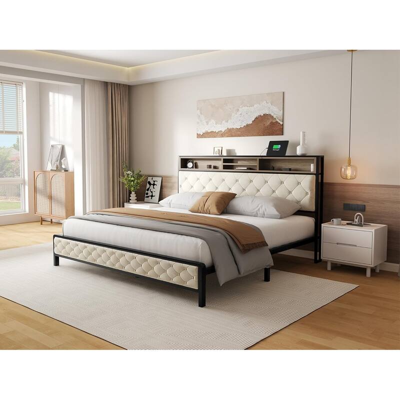 King Size Metal Bed Frame, Button Tufted Platform Bed with Storage Headboard and Charging Station, No Box Spring Needed - Beige - King