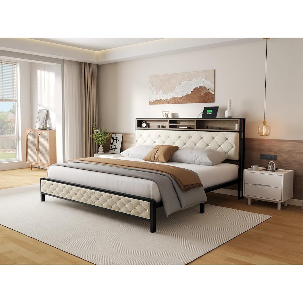 King Size Metal Bed Frame, Button Tufted Platform Bed with Storage Headboard and Charging Station, No Box Spring Needed