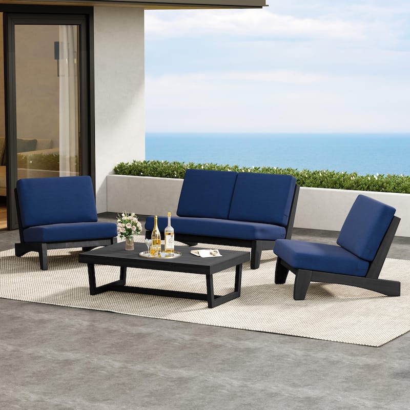 4 Pieces Wood Sectional Sofa Patio Conversation Set With Cushion - Separate Cushion - Navy/Black
