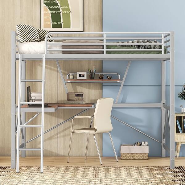 slide 2 of 11, Full Size Loft Bed Metal & MDF Frame Guardrail Bed with Built-In Desk and Shelf, No Box Spring Needed Silver