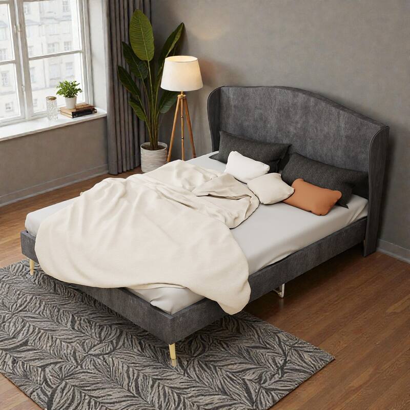 Velvet Upholstered Bed Frame with Tufted Headboard, Luxury Platform Bed for Master Bedroom