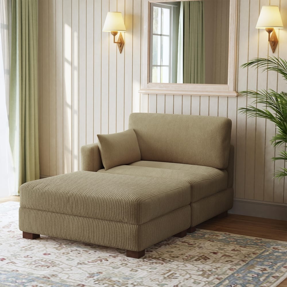 Modern Corduroy Upholstered Sectional Chaise Lounge with Ottoman