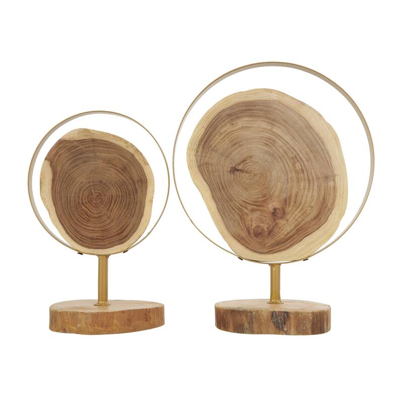 Wood Abstract Handmade Live Edge Slab Decorative Sculpture with Gold Metal Rings - Set of 2 Brown - Roche River Decor